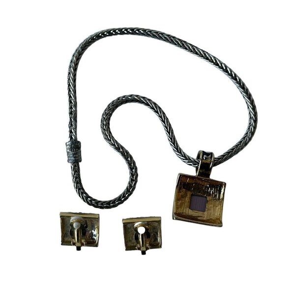 VTG Purple Optic Glass Silver Plated Pendant Necklace Matching Earrings 17"+ - Picture 5 of 9